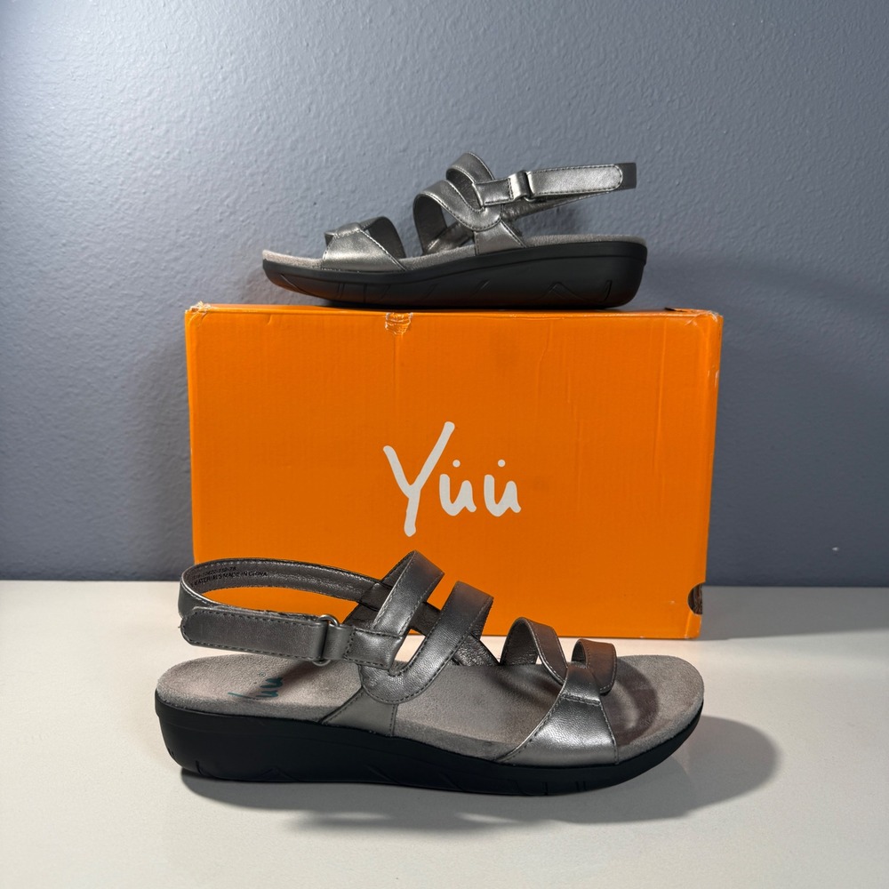 Yuu Janne‎ Women Metallic Pewter Wedge Sandals Strappy Slingback 6M BTS16-10422